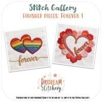 The [Bundle] Forever 1: Hand embroidery patterns features two lovely heart designs—one rainbow-striped with "forever" in gold script, and one with pink, red, and orange petals—by Daydream Stitchery.