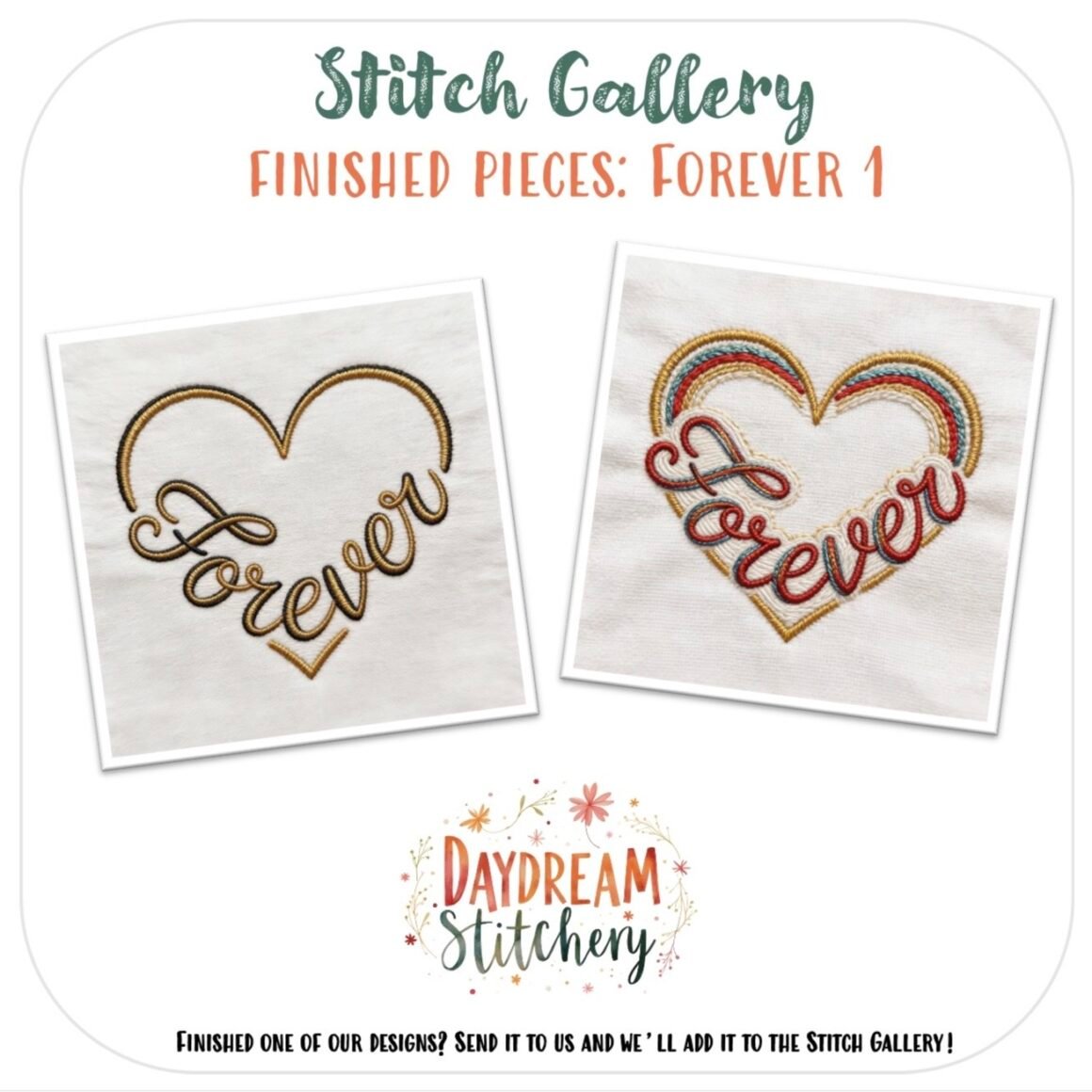 Two embroidered heart designs with "Forever" inside—one has a brown outline, the other a rainbow border. Featured in [Bundle] Forever 1: Hand embroidery patterns by Daydream Stitchery. A charming love-themed embroidery set.
