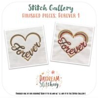 Two embroidered heart designs with "Forever" inside—one has a brown outline, the other a rainbow border. Featured in [Bundle] Forever 1: Hand embroidery patterns by Daydream Stitchery. A charming love-themed embroidery set.