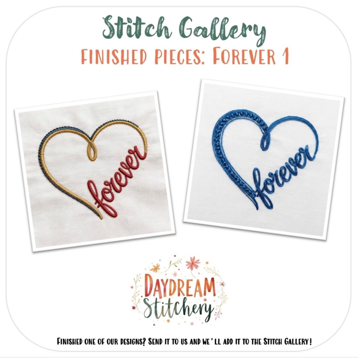 Two heart designs feature "forever" stitched inside—one in red and gold on white, the other in blue tones. This charming love hand embroidery pattern is part of the [Bundle] Forever 1: Hand embroidery patterns by Daydream Stitchery.