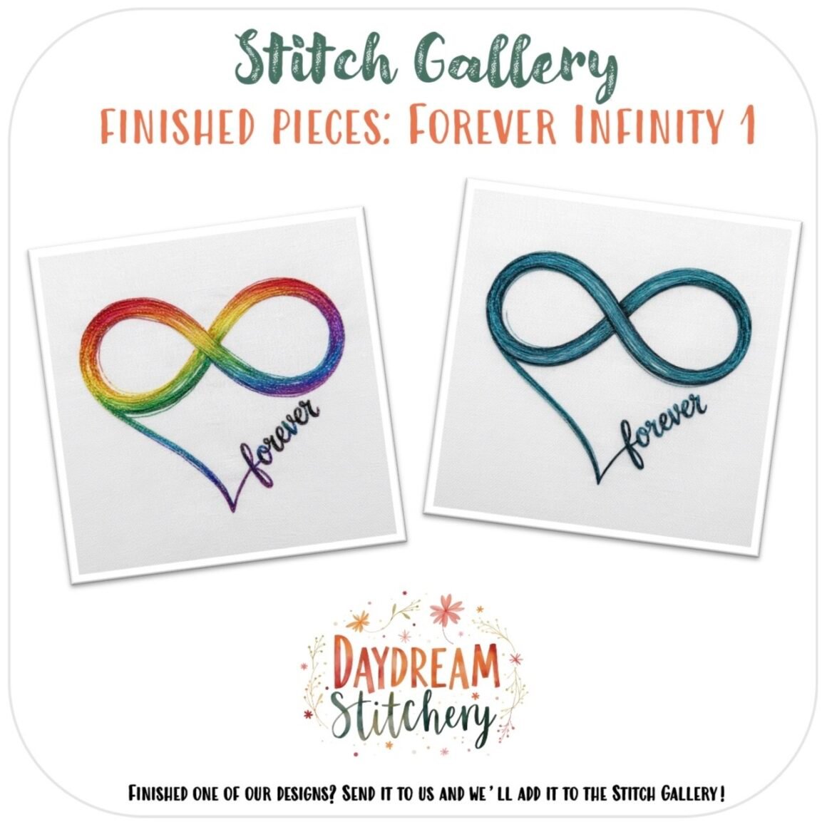 Two embroidered infinity symbols—one rainbow, one blue—with “Forever” below. This design is featured in the [Bundle] Forever Infinity 1: Hand embroidery patterns collection.