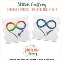 Two embroidered infinity symbols—one rainbow, one blue—with “Forever” below. This design is featured in the [Bundle] Forever Infinity 1: Hand embroidery patterns collection.