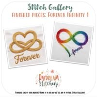 Two embroidery pieces—one gold infinity heart with "Forever", and one rainbow infinity symbol—showcase love hand embroidery designs from [Bundle] Forever Infinity 1: Hand embroidery patterns.