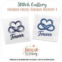 The [Bundle] Forever Infinity 1: Hand embroidery patterns features two blue designs—an intertwined heart and infinity symbol above “Forever”, stitched on white fabric squares labelled “Stitch Gallery” and “Daydream Stitchery”.
