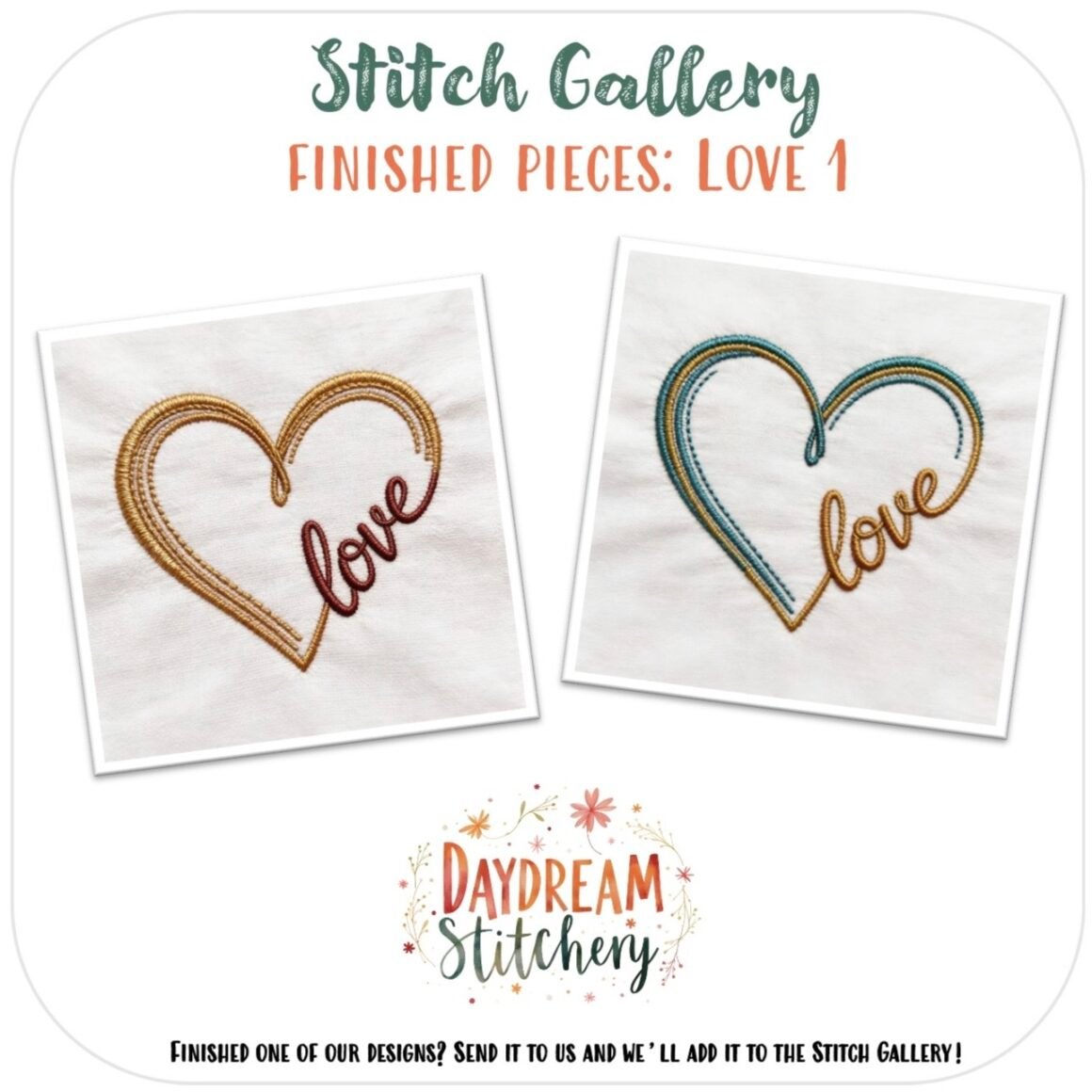 Two embroidered hearts with "love" in cursive—one brown, one blue—feature in the Love Bundle 1: Hand Embroidery Pattern. Text above: Stitch Gallery, Finished Pieces: Love 1. Daydream Stitchery logo appears at the bottom.