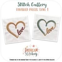 Two embroidered hearts with "love" in cursive—one brown, one blue—feature in the Love Bundle 1: Hand Embroidery Pattern. Text above: Stitch Gallery, Finished Pieces: Love 1. Daydream Stitchery logo appears at the bottom.