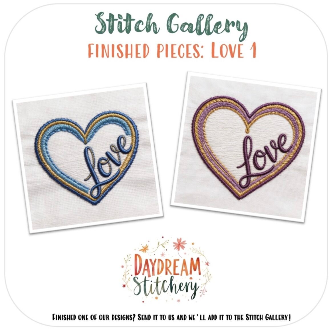 Featuring Daydream Stitchery’s Stitch Gallery, this image showcases Love Bundle 1: Hand embroidery pattern—two heart designs with "Love" inside, one outlined in blue/yellow and the other in purple/gold.