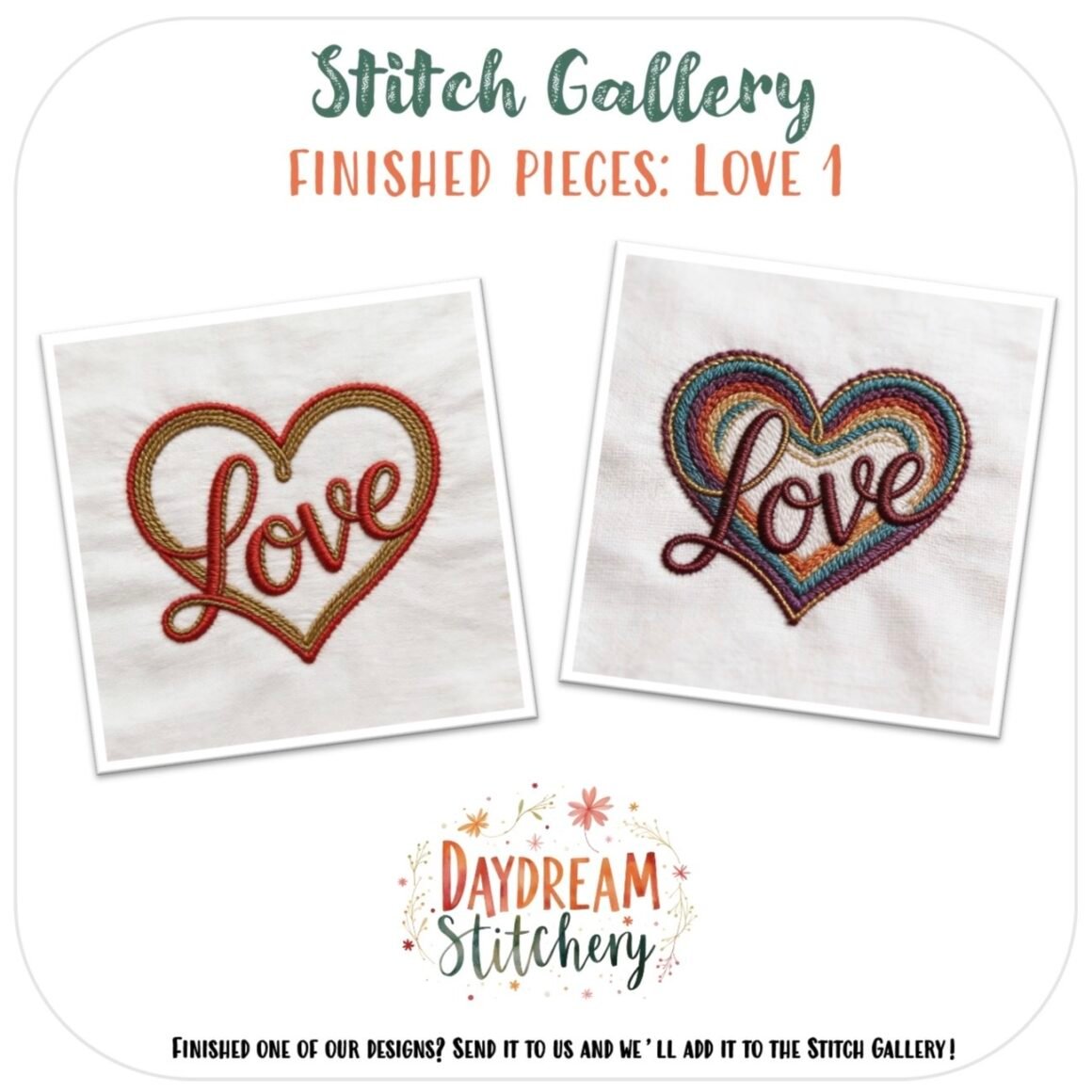 The Love Bundle 1: Hand embroidery pattern includes two pieces featuring "Love" inside a heart—one with a red outline, the other with colourful concentric lines—perfect for the Stitch Gallery at Daydream Stitchery.