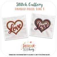 The Love Bundle 1: Hand embroidery pattern includes two pieces featuring "Love" inside a heart—one with a red outline, the other with colourful concentric lines—perfect for the Stitch Gallery at Daydream Stitchery.