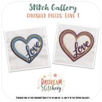 Featuring Daydream Stitchery’s Stitch Gallery, this image showcases Love Bundle 1: Hand embroidery pattern—two heart designs with "Love" inside, one outlined in blue/yellow and the other in purple/gold.