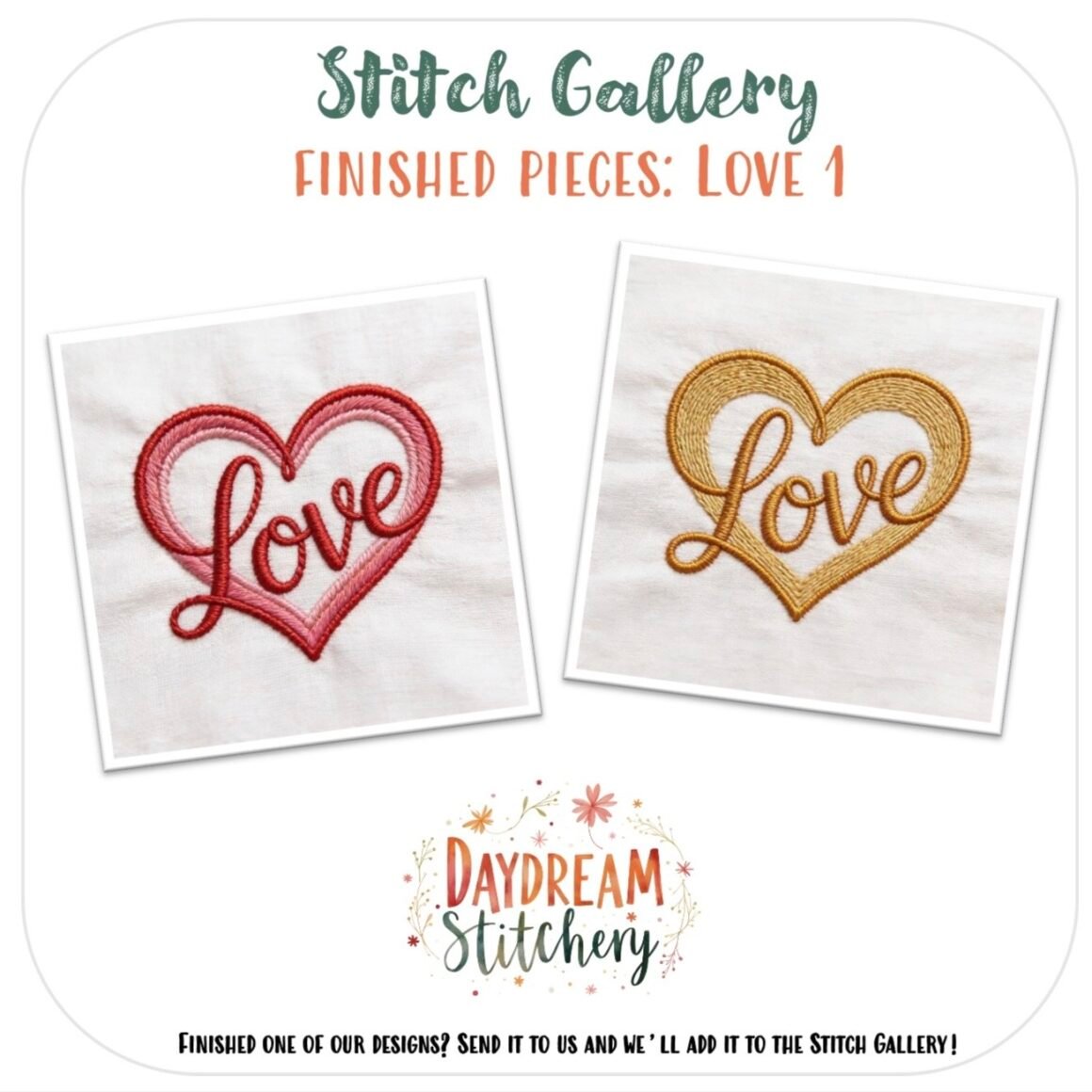 Two embroidered heart designs—one red, one yellow—each stitched with "Love" appear side by side on white fabric. Find this charming motif in the Love Bundle 1: Hand embroidery pattern from Daydream Stitchery’s gallery.