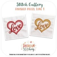 Two embroidered heart designs—one red, one yellow—each stitched with "Love" appear side by side on white fabric. Find this charming motif in the Love Bundle 1: Hand embroidery pattern from Daydream Stitchery’s gallery.
