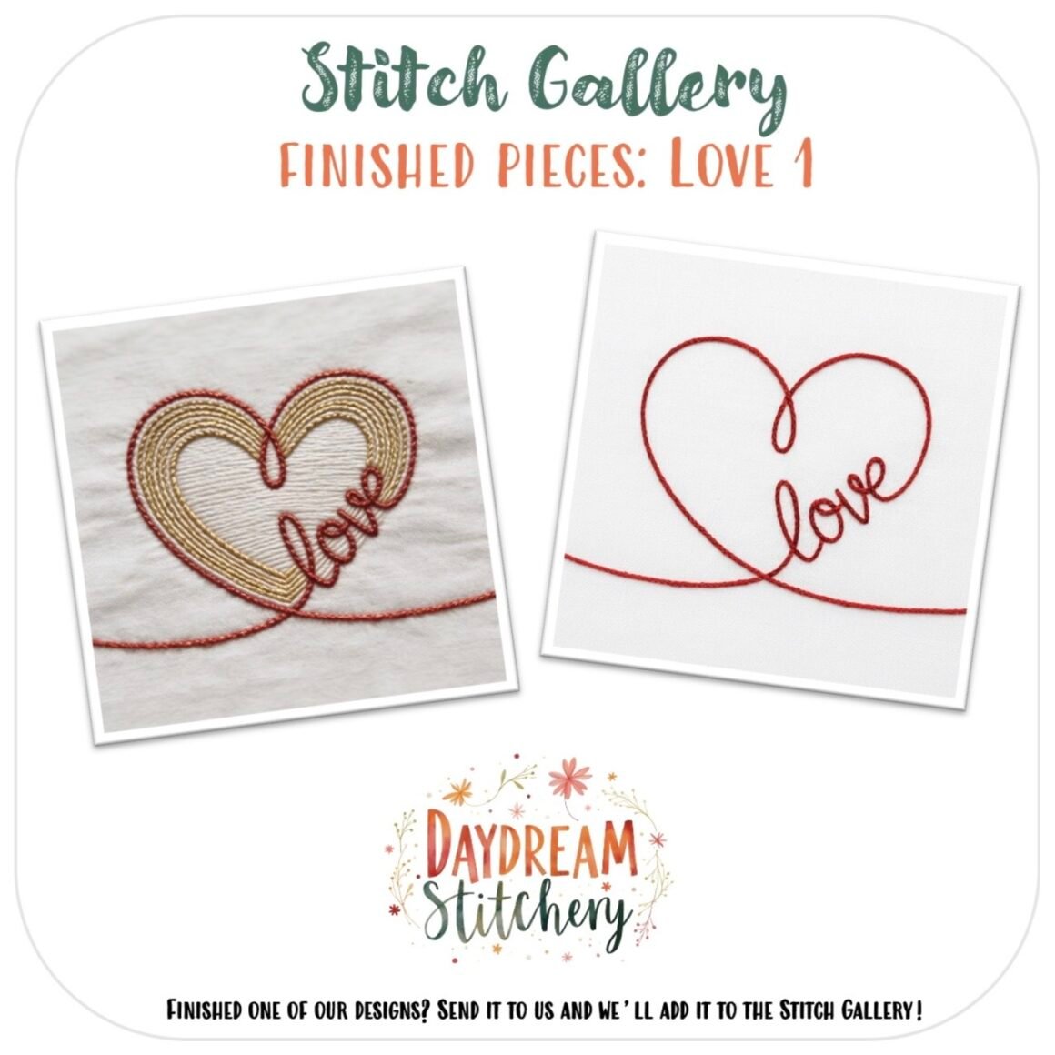 Two embroidered heart designs appear side by side: one gold and red with "love," the other a simple red outline with cursive "love." Both are part of the Love Bundle 1: Hand embroidery pattern by Daydream Stitchery. Logo at bottom.