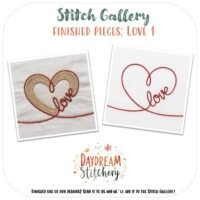 Two embroidered heart designs appear side by side: one gold and red with "love," the other a simple red outline with cursive "love." Both are part of the Love Bundle 1: Hand embroidery pattern by Daydream Stitchery. Logo at bottom.
