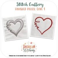 Each fabric square in the Love Bundle 1: Hand embroidery pattern features an embroidered heart outline with "love" on the left, one stitched in grey and the other in red—a charming design from Daydream Stitchery.