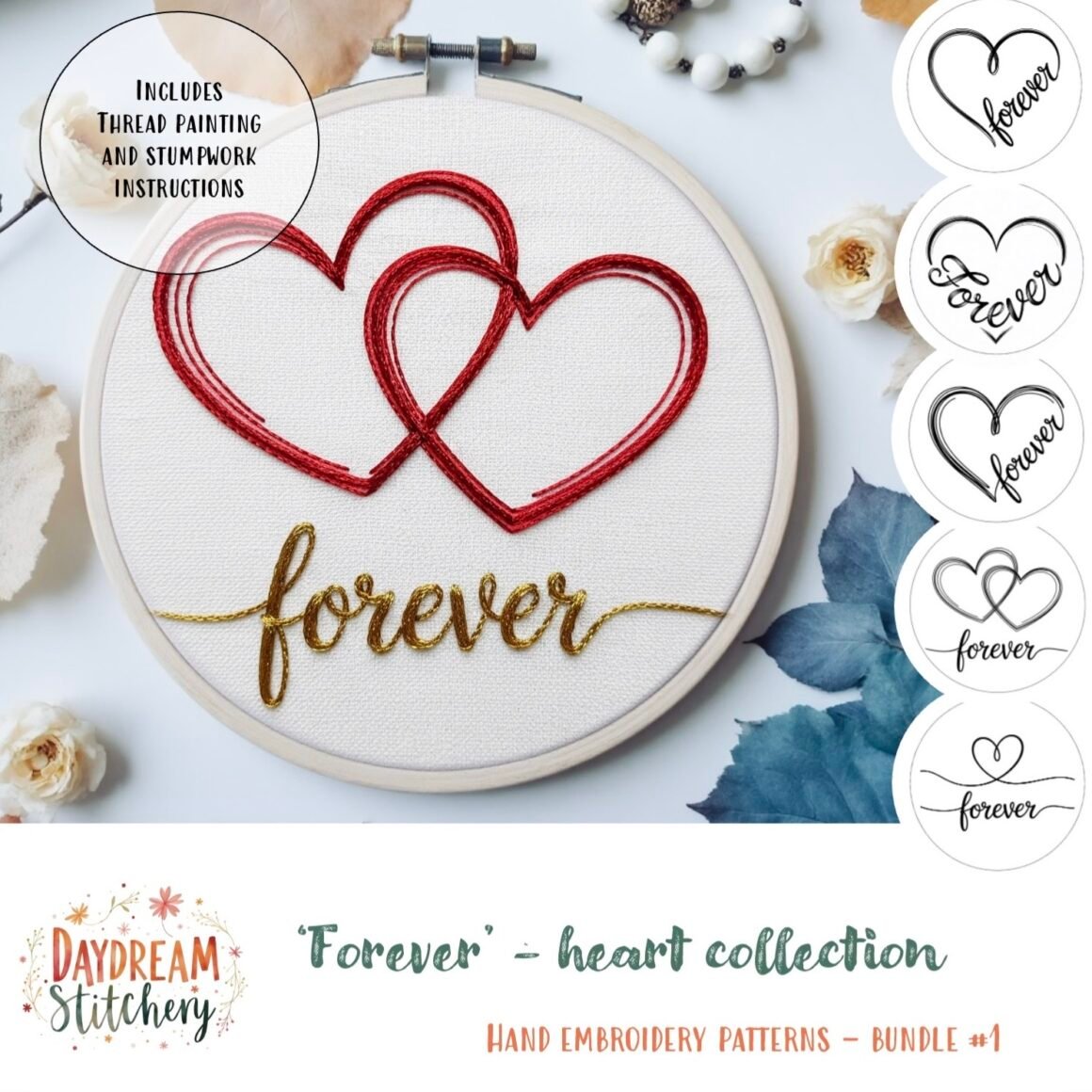 The [Bundle] ‘She said yes’ 1: Hand embroidery patterns features two overlapping red hearts with “forever” in gold, plus five black-and-white templates of the same heart and forever design.