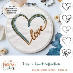 A hand embroidery hoop displays a large heart with "love" stitched inside, surrounded by flowers, threads, and four heart designs. Text: "'She said yes' 1: Hand embroidery patterns Bundle.