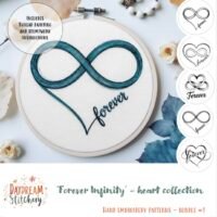 The [Bundle] ‘She said yes’ 1 set includes hand embroidery patterns featuring a teal infinity heart with “forever” stitched through it and five variations. Text reads: “‘Forever Infinity’ - heart collection.”.