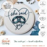 [Bundle] ‘She said yes’ 1: Hand embroidery patterns—a hoop features two wedding rings and “she said yes” in cursive inside a heart, surrounded by love-themed previews. Includes thread painting and stumpwork instructions.