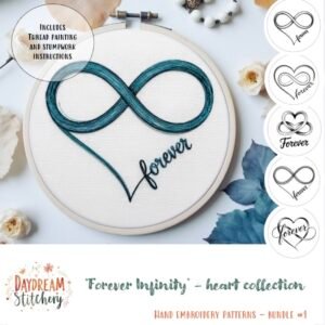 The [Bundle] ‘She said yes’ 1 set includes hand embroidery patterns featuring a teal infinity heart with “forever” stitched through it and five variations. Text reads: “‘Forever Infinity’ - heart collection.”.