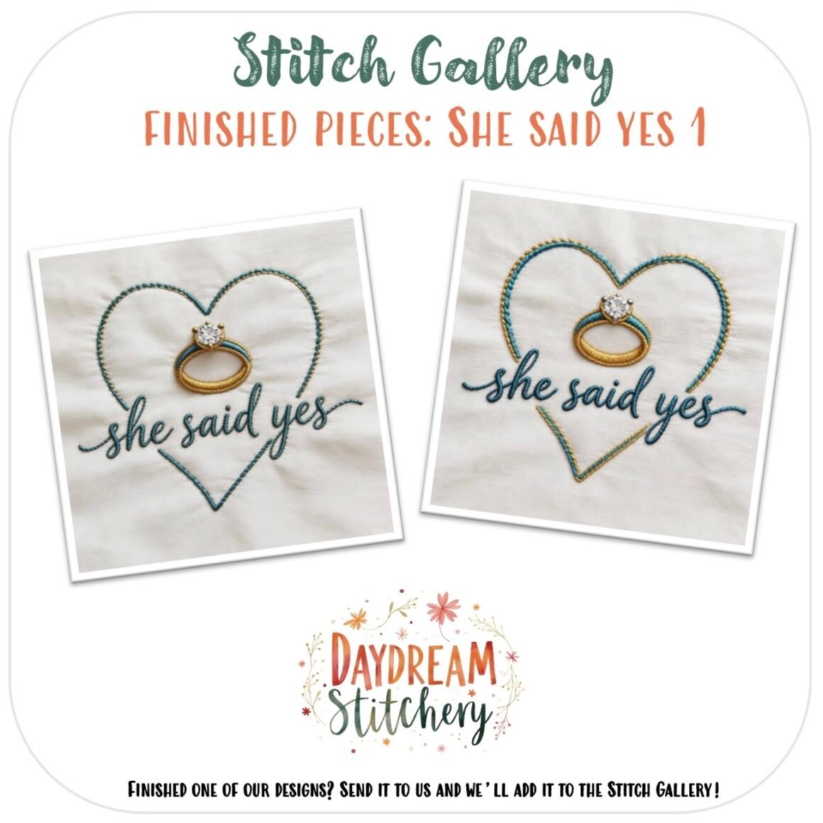 The [Bundle] 'She said yes' 1: Hand embroidery patterns feature jewelled rings inside stitched hearts with "she said yes"—a charming love-themed design from the Daydream Stitchery Stitch Gallery.
