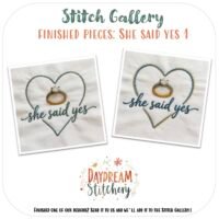 The [Bundle] 'She said yes' 1: Hand embroidery patterns feature jewelled rings inside stitched hearts with "she said yes"—a charming love-themed design from the Daydream Stitchery Stitch Gallery.
