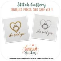 The [Bundle] ‘She said yes’ 1: Hand embroidery patterns features two embroidered squares with a diamond ring inside a heart and "she said yes"—one in gold/brown, one in grey/silver—from Stitch Gallery and Daydream Stitchery.