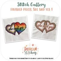 The [Bundle] ‘She said yes’ 1: Hand embroidery patterns features two embroidered heart designs—one rainbow, one pink and orange, both with “she said yes”—on white fabric, perfect for charming love-themed stitching.