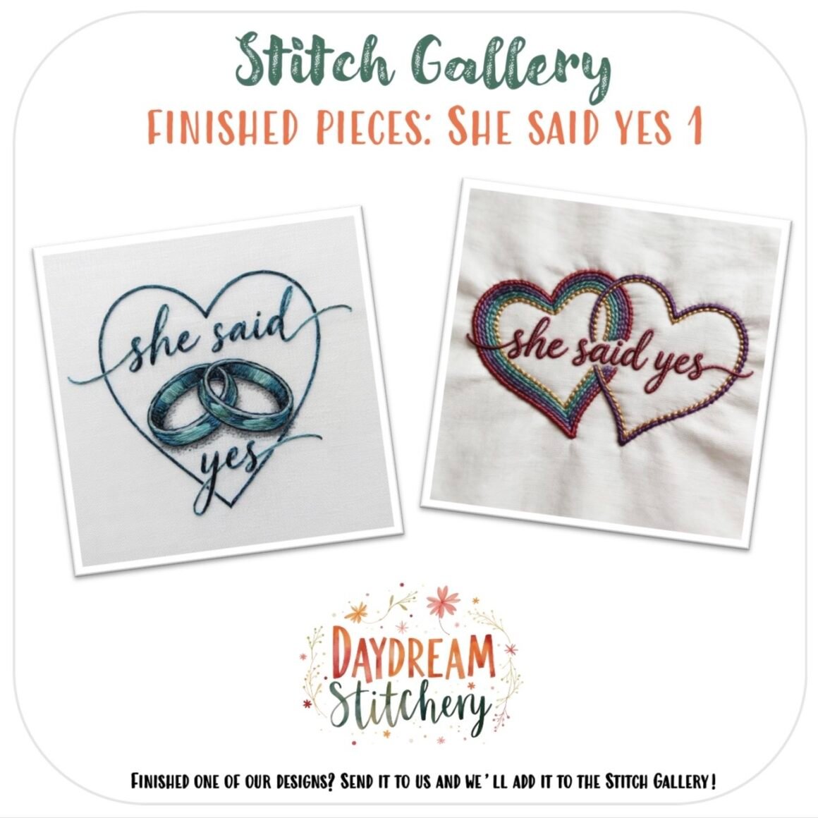 [Bundle] ‘She said yes’ 1: Hand embroidery patterns includes two designs—one with blue-script "she said yes" and interlocked rings, the other with red "she said yes" and overlapping rainbow-outlined hearts, both on white fabric.
