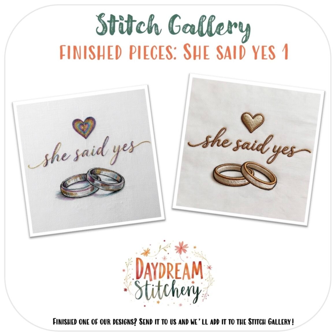 The [Bundle] ‘She said yes’ 1 includes two hand embroidery patterns with the phrase “she said yes” and wedding rings; one has a heart above the text. Logos for Stitch Gallery and Daydream Stitchery are also included.