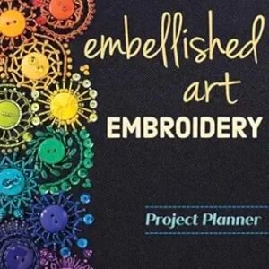 Project planner cover titled "Christen Brown Beaded Embroidery Stitching," featuring vibrant embroidered designs with buttons on the left side against a dark background.