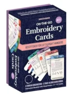 A box of [Christen Brown] Beaded Embroidery Stitching cards, set 1, featuring 60 stitches for left and right handers. Packaging displays sample cards, thread organisers, card rings, and details on included materials.