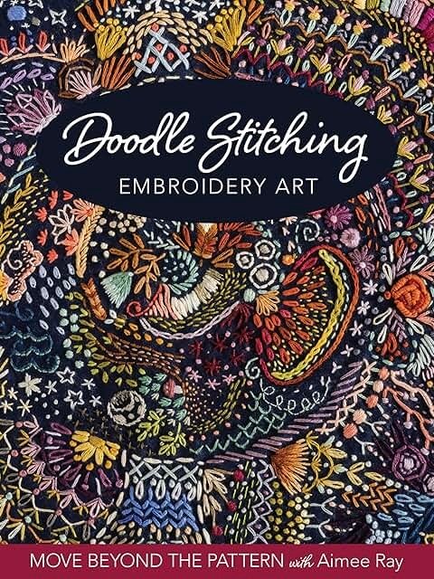 Colourful, detailed embroidery art featuring various stitched patterns on a dark fabric background. The text reads: “Doodle Stitching Embroidery Art. Move beyond the pattern with Aimee Ray.”.