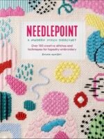 Cover of [Emma Homent] Needlepoint: A Modern Stitch Directory, showcasing vibrant abstract needlepoint designs and assorted stitched shapes set against a cream background.