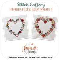 Two embroidered heart wreaths with flowers and hearts on white fabric, side by side. Showcasing our [Bundle] Heart Wreath 1: Hand embroidery patterns. Text: Stitch Gallery: Finished Pieces: Heart Wreath 1. Daydream Stitchery logo below.
