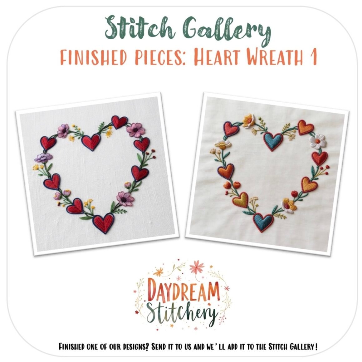 Daydream Stitchery's Stitch Gallery features finished pieces from their [Bundle] Heart Wreath 1: Hand embroidery patterns—two embroidered heart wreaths with red hearts and colourful flowers on white fabric, perfect for showcasing love in hand embroidery.
