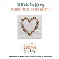 A heart-shaped wreath of embroidered hearts, flowers, and leaves is featured in the Stitch Gallery by Daydream Stitchery. Perfect for displaying the [Bundle] Heart Wreath 1: Hand embroidery patterns.