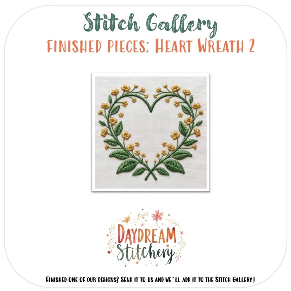 Yellow flowers and green leaves form a heart design on white fabric in Heart Wreath 2: Hand embroidery pattern, featured in Daydream Stitchery’s Stitch Gallery—a beautiful love-inspired embroidery piece.