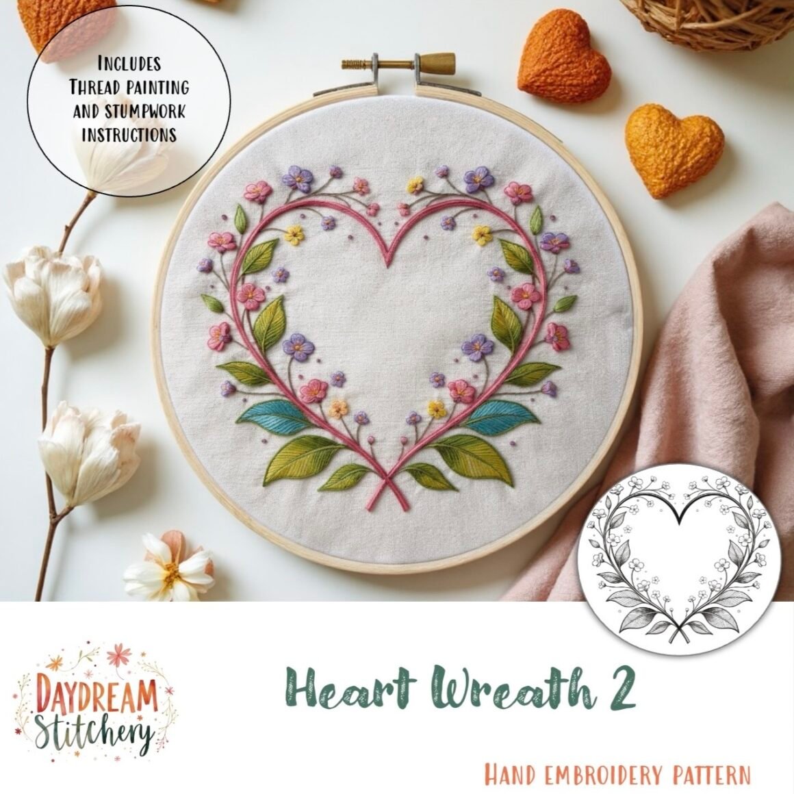 The Heart Wreath 2: Hand embroidery pattern displays a heart-shaped floral wreath with colourful flowers and leaves, featuring thread painting and stumpwork instructions by Daydream Stitchery.
