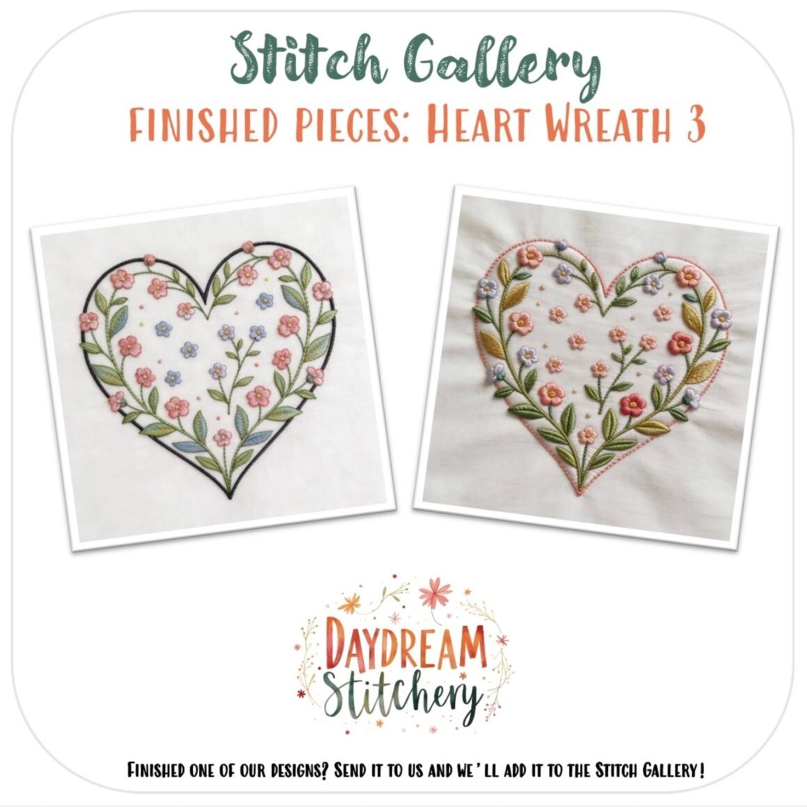 Two embroidered heart-shaped wreaths with vibrant flowers and leaves are side by side on white fabric, featuring the "Heart Wreath 2: Hand embroidery pattern (Copy)" with “Stitch Gallery: Finished Pieces” above and “Daydream Stitchery” below.