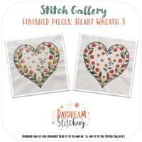 Two embroidered heart-shaped wreaths with colourful flowers appear on white fabric. Featuring the love hand embroidery pattern "Heart Wreath 2: Hand embroidery pattern (Copy)", text includes “Stitch Gallery” and “Daydream Stitchery”.