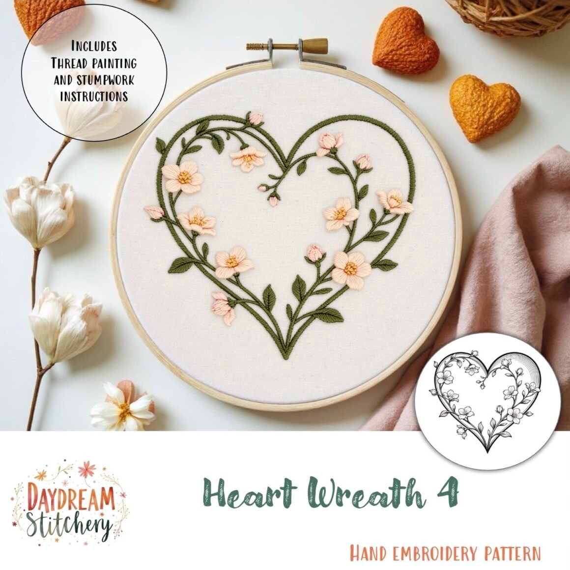 Heart Wreath 4: Hand embroidery pattern features a heart-shaped floral design with pink and green thread, surrounded by flowers and hearts. Includes instructions for thread painting and stumpwork.