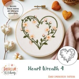 Heart Wreath 4: Hand embroidery pattern features a heart-shaped floral design with pink and green thread, surrounded by flowers and hearts. Includes instructions for thread painting and stumpwork.