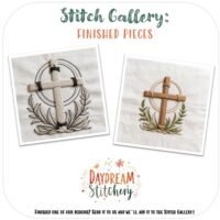 Two embroidered crosses with leafy details are stitched on white fabric using the Holy Cross 1 hand embroidery pattern. The image says "Stitch Gallery: Finished Pieces" with the Daydream Stitchery logo inviting you to share your finished work.
