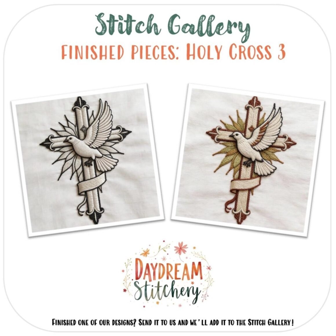 Two embroidered dove designs fly before a cross with ribbon—one in black and white, the other brown and gold. Product: Holy Cross 3: Hand embroidery pattern. Text reads: “Stitch Gallery: Finished Pieces: Holy Cross 3.”.