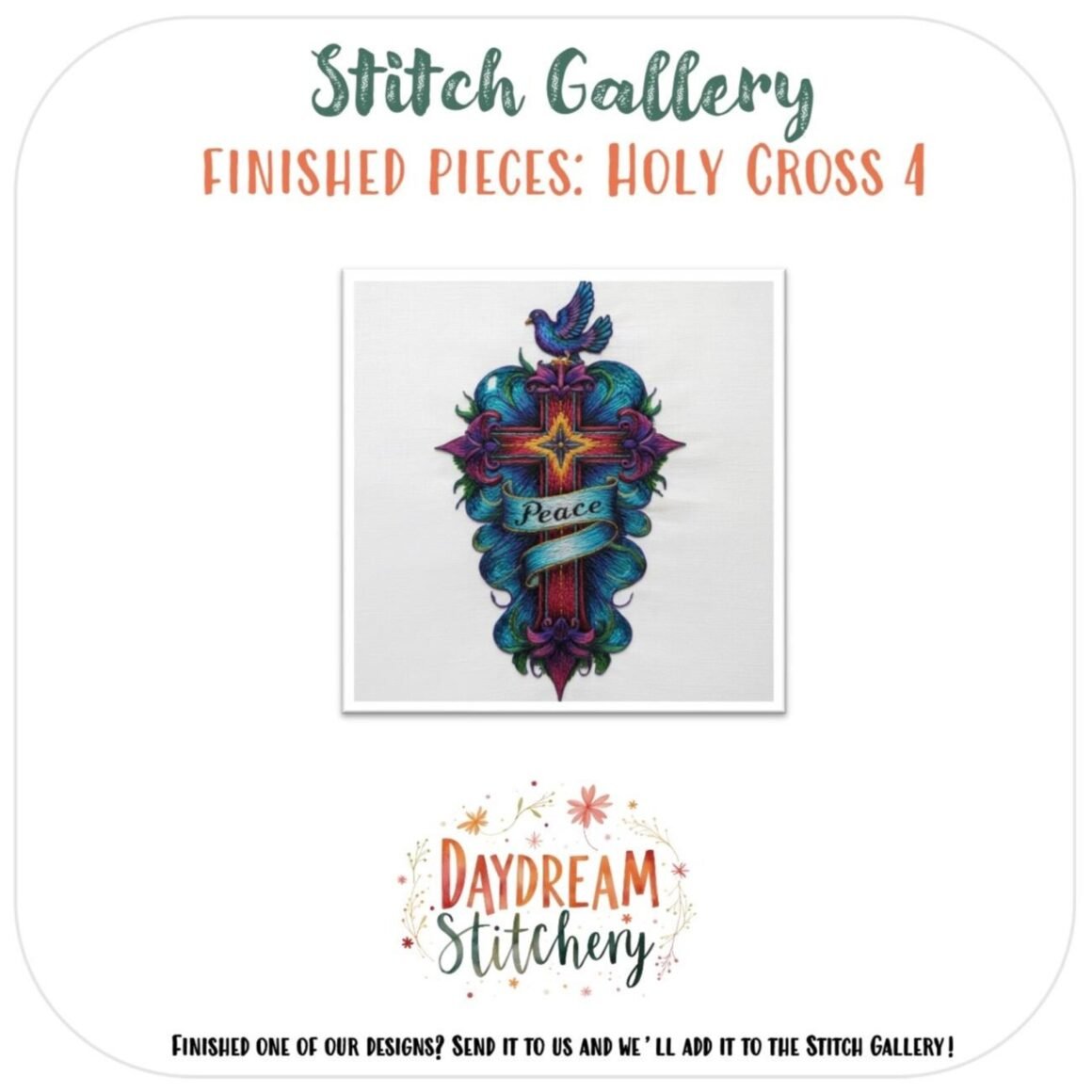 A vibrant cross-stitch of a jewelled cross with a blue dove, star, and "Peace" banner. Holy Cross 4: Hand embroidery pattern—ideal for those who love unique holy cross embroidery designs.