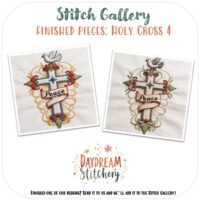 Two embroidered designs of a cross with a dove, flowers, and a "Peace" banner are shown with the text “Stitch Gallery: Finished pieces: Holy Cross 4” featuring the Holy Cross 4: Hand embroidery pattern by Daydream Stitchery.
