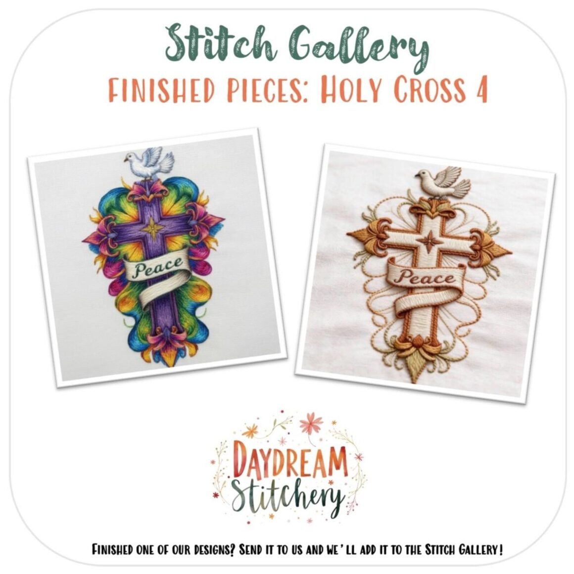The Holy Cross 4 hand embroidery pattern features two ornate cross designs with the word "Peace" and a dove, each on white fabric—one in bright threads, the other in soft tones.