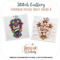 The Holy Cross 4 hand embroidery pattern features two ornate cross designs with the word "Peace" and a dove, each on white fabric—one in bright threads, the other in soft tones.
