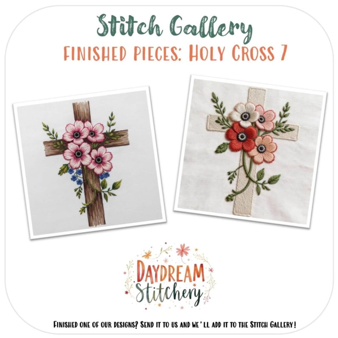 Two embroidered crosses with colourful flowers and green leaves on white fabric. Reads: "Holy Cross 7: Hand embroidery pattern." Ideal for adding a touch of faith to your stitching projects.